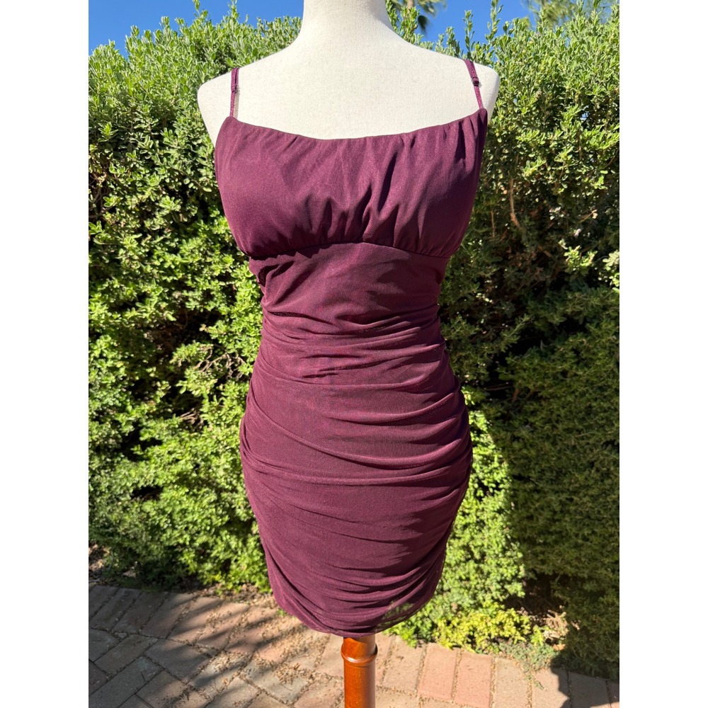 Emerald Sundae Womens XL Burgundy Ruched Mesh Bodycon Mini Dress Spaghetti Strap